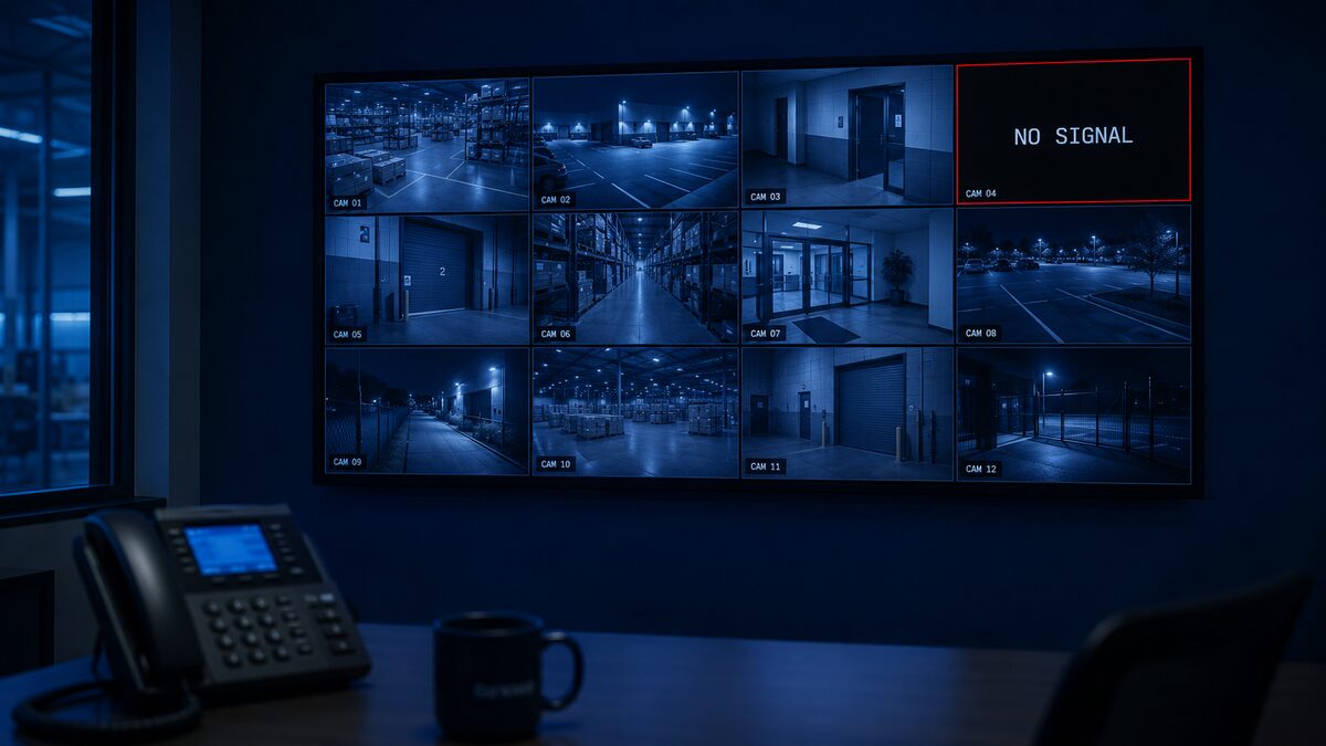 Security monitoring station displaying a wall of camera feeds, with one feed showing a NO SIGNAL error among healthy views.