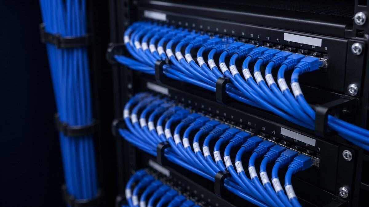Neatly organized and labeled blue network cables in a structured cabling patch panel inside an equipment rack.