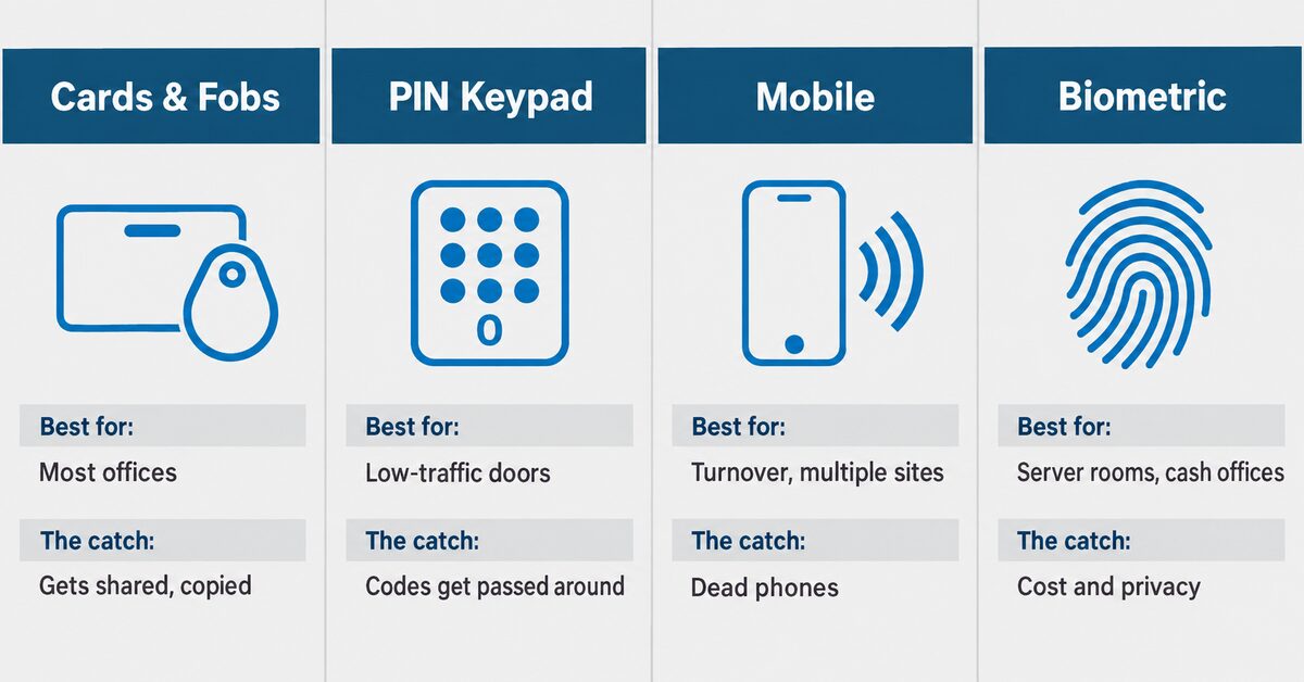 our-panel comparison of business access control credentials: cards and fobs, PIN keypad, mobile, and biometric