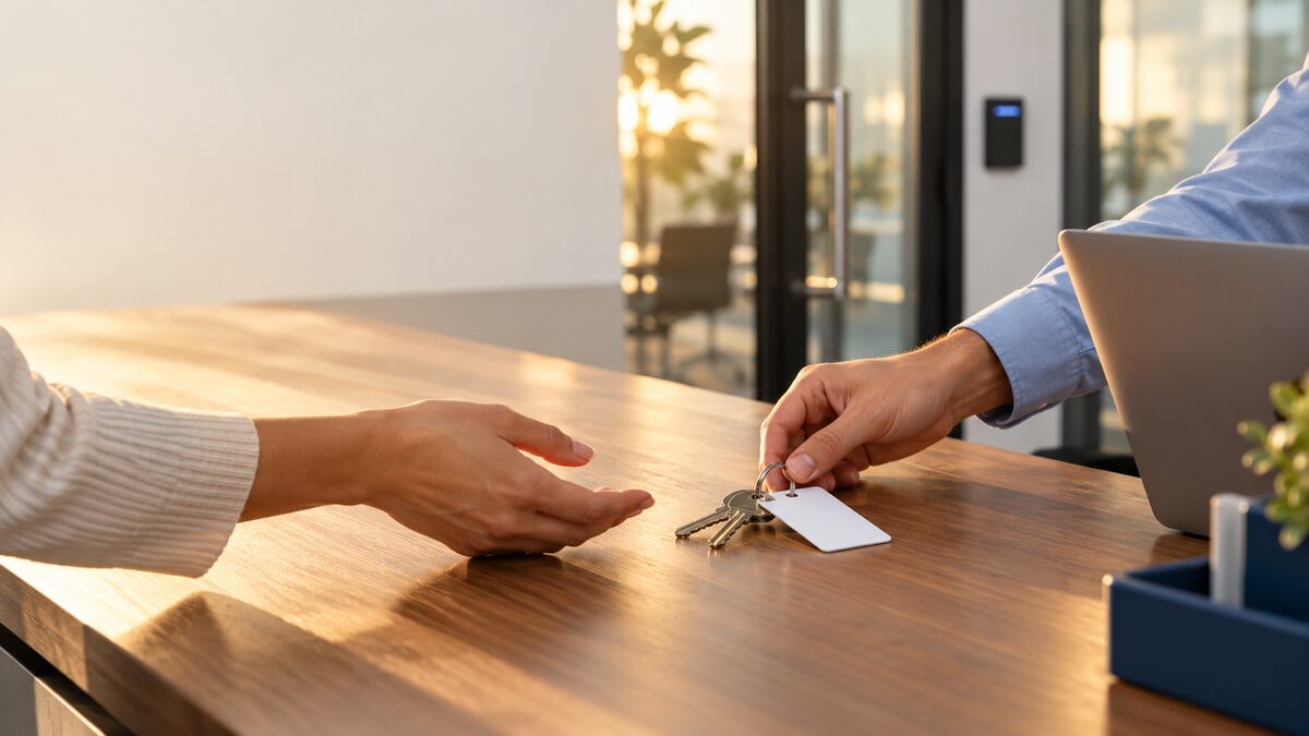 Office employee handing a ring of keys and an access badge across a reception desk, with a card reader beside the glass door behind them