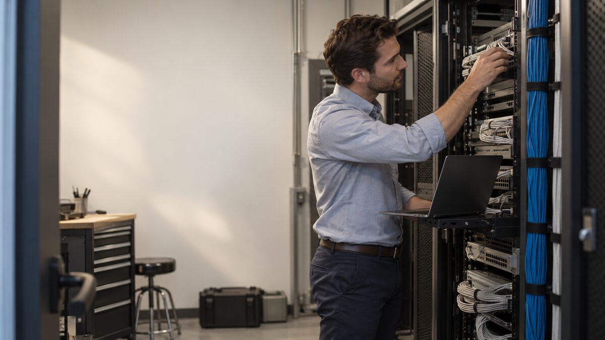 IT technician working at a network equipment rack in a commercial office server closet