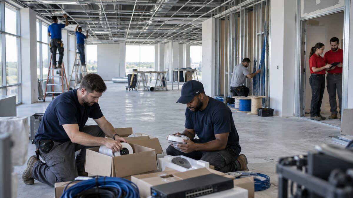 Four separate work crews in different colored shirts working in different areas of the same unfinished commercial office space