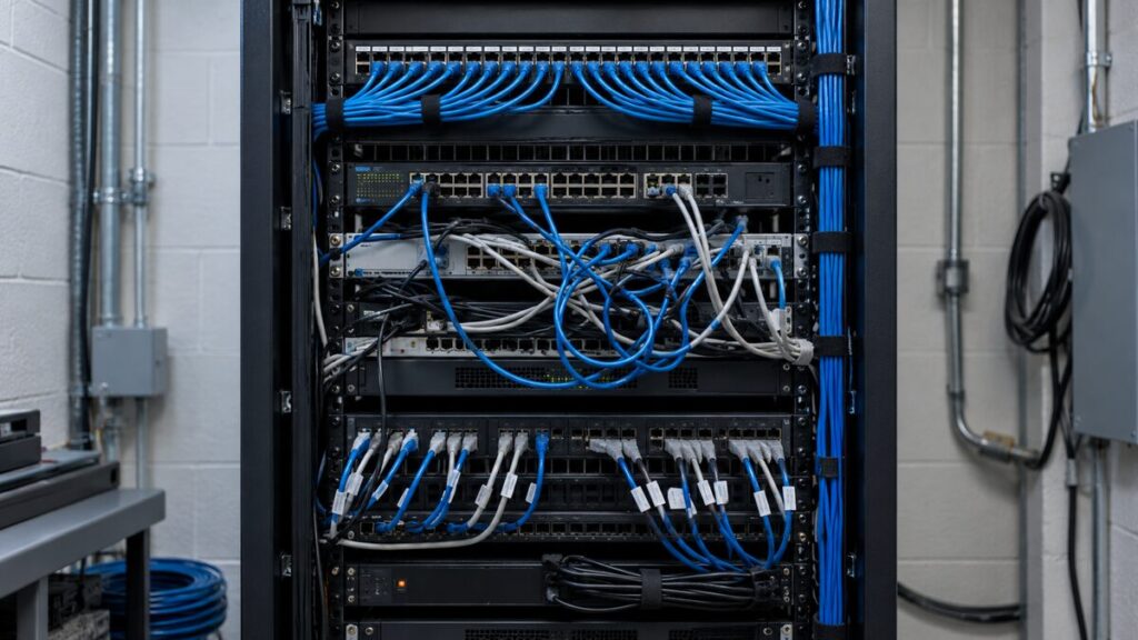 Commercial network equipment rack with cabling installed in several inconsistent styles