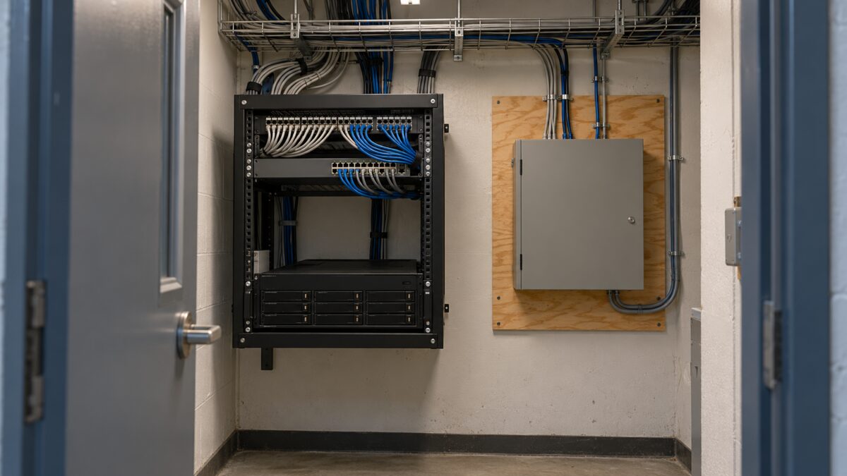 Network closet with an IT network switch, a security camera recorder and a door access control panel mounted on the same rack and wall