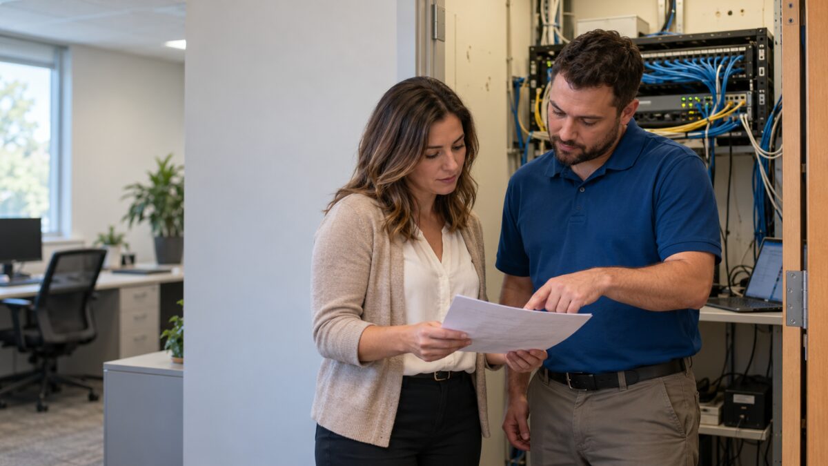 Operations manager and IT technician standing at an open network closet, going over a printed list together with a laptop open on a shelf