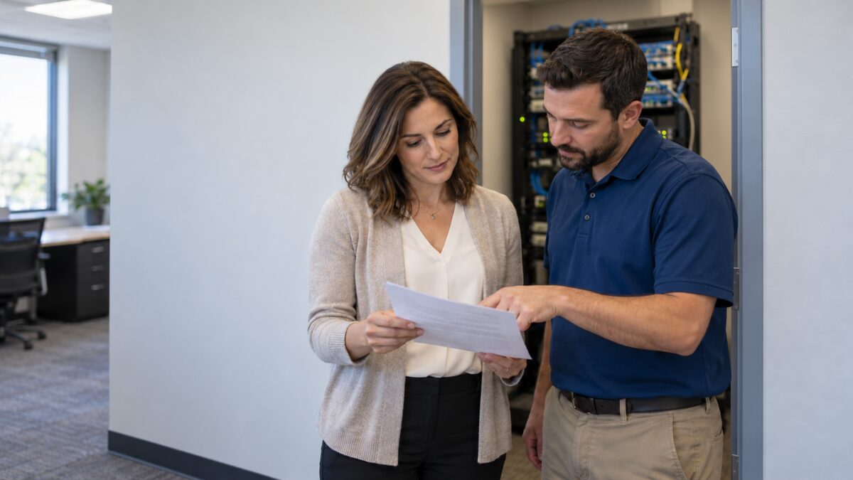 Operations manager and IT technician standing at an open network closet, going over a printed list together